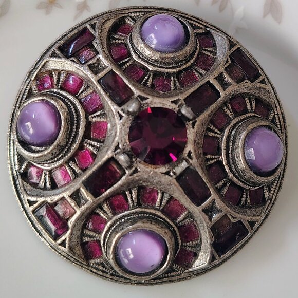 Vtg Rare Metal Miracle Britain Celtic Brooch Pendant Purple Glass Stones - Picture 1 of 7